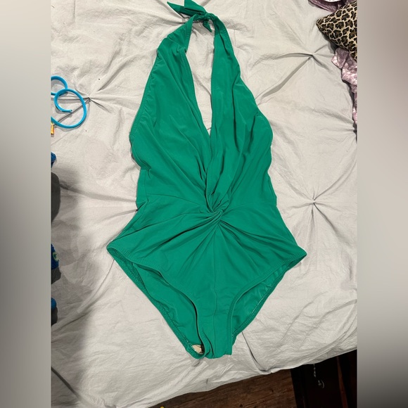 Women’s medium swimwear synched in the middle low cut green one piece - Picture 3 of 3